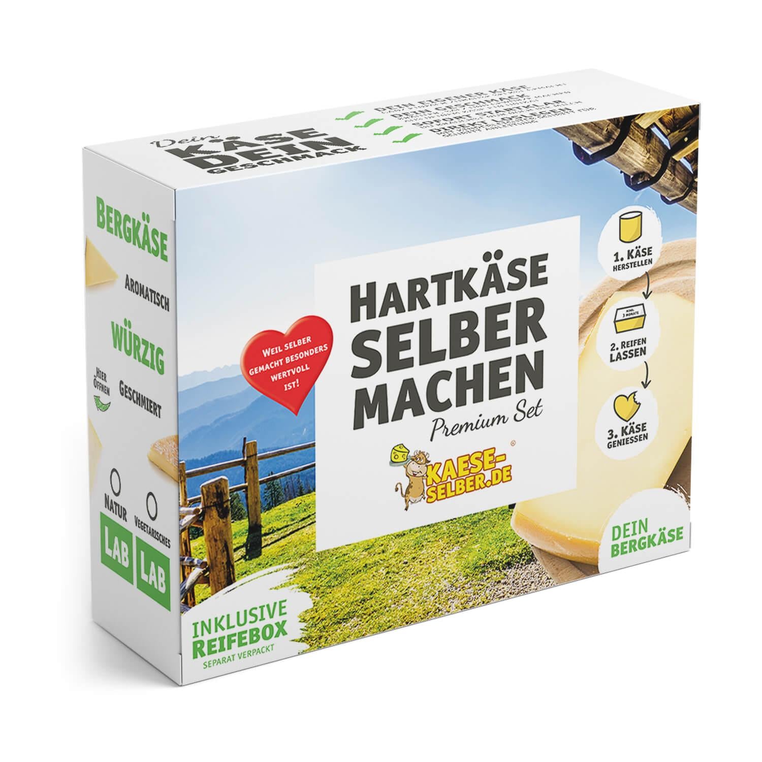 Hartkäse (Bergkäse) selber machen Set, bestehend aus Reifebox, Käseform, vegetarischem Lab, Calciumchlorid, Kulturen (Milchsäurebakterien), Bruchschneider, Pressgewicht, Schöpflöffel, Salzbad, Schmierbürste, Abtropfmatte, Thermometer, Gewürz, einfache Schritt für Schritt Anleitungen, traditionelle Käseherstellung zu Hause, Käse selber machen Typ Hartkäse, Bergkäse uvm.